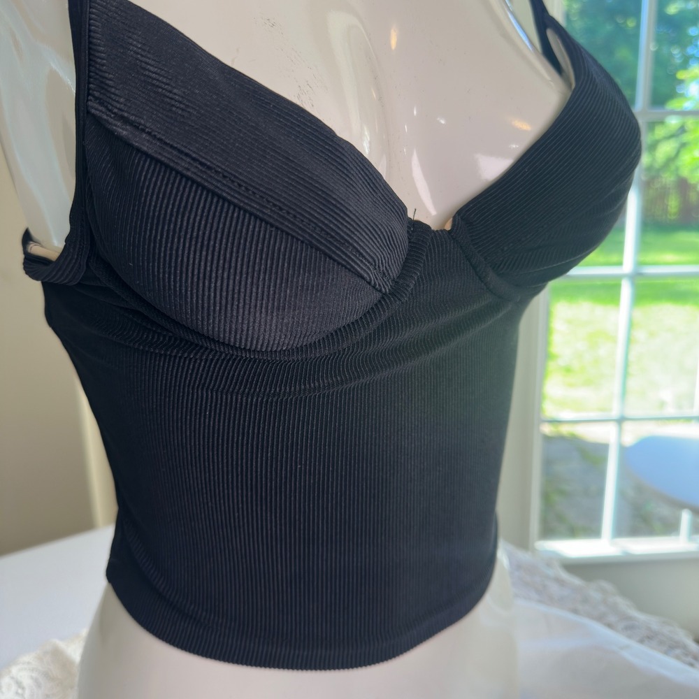 Vintage Victorias Secret Black Ribbed Longline Bra Crop Top USA Size 34A Y2K